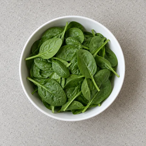 Fresh baby spinach leaves in a white bowl.