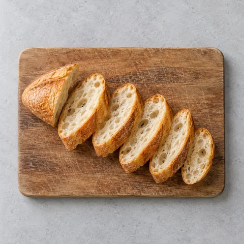 Baguette cut into half-inch slices on the diagonal on a wooden cutting board.
