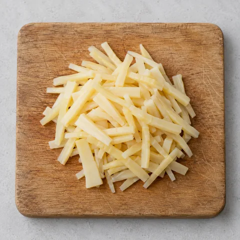 Canned bamboo shoots cut into matchsticks on a wooden cutting board.