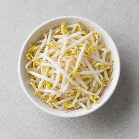 Fresh mung bean sprouts in a small white bowl.