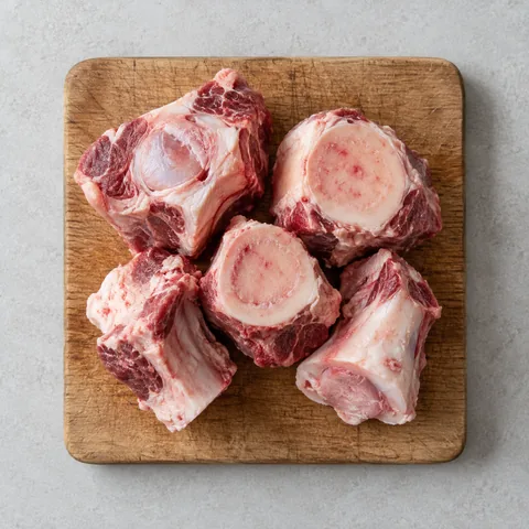 Raw beef soup bones on a wooden cutting board.