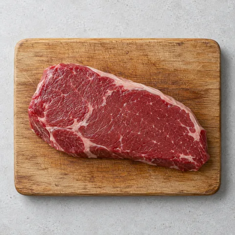 A piece of raw beef sirloin on a wooden cutting board.