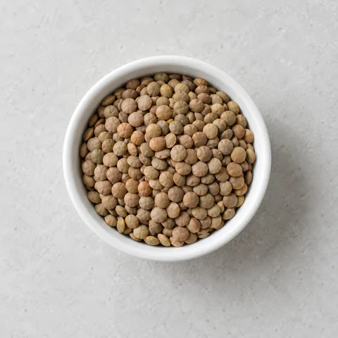 Dried brown lentils in a small white ramekin.