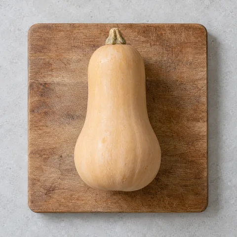 A whole butternut squash on a wooden cutting board.