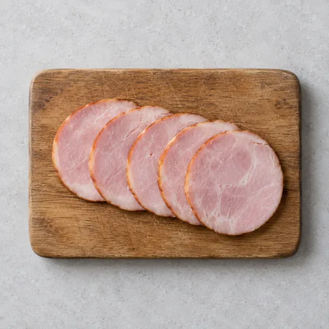 Canadian bacon slices on a wooden cutting board.