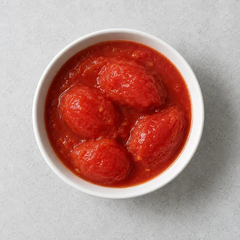 Canned whole peeled tomatoes in their juice in a small white bowl.