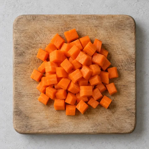 Peeled carrot cut into small dice on a wooden cutting board.