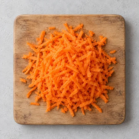 Coarsely grated carrot on a wooden cutting board.