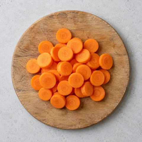 Peeled carrots sliced into coins on a wooden cutting board.