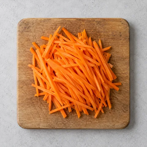 Carrots cut into thin lengthwise strips on a wooden cutting board.