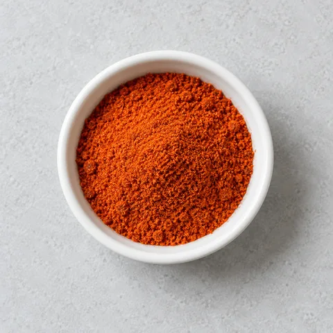 Ground cayenne pepper in a small white ramekin.