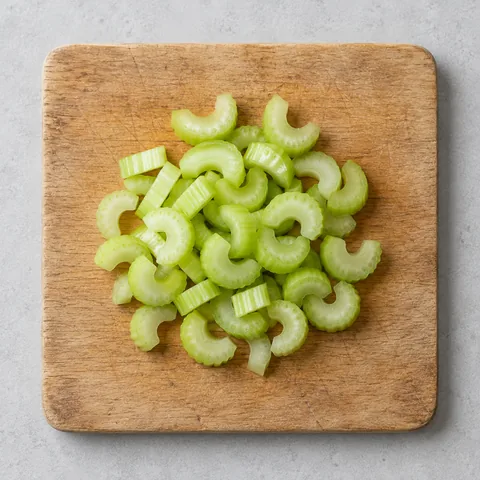 Sliced celery on a wooden cutting board.