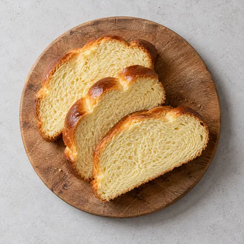 Day-old challah cut into thick slices on a wooden cutting board.