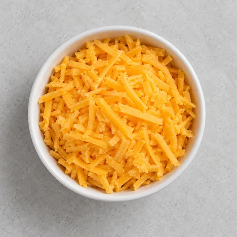 Shredded sharp cheddar in a small white bowl.