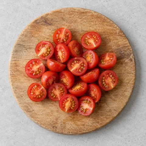Halved cherry tomatoes on a wooden cutting board.
