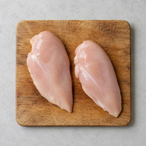 Raw boneless skinless chicken breasts on a wooden cutting board.