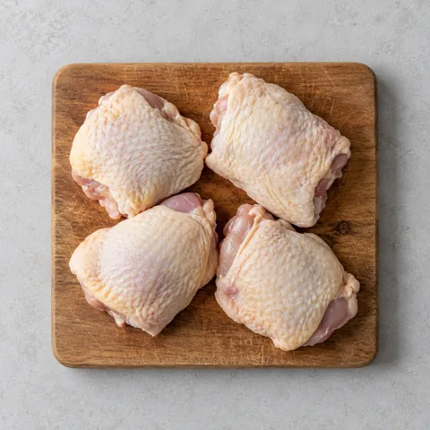 Raw bone-in skin-on chicken thighs on a wooden cutting board.