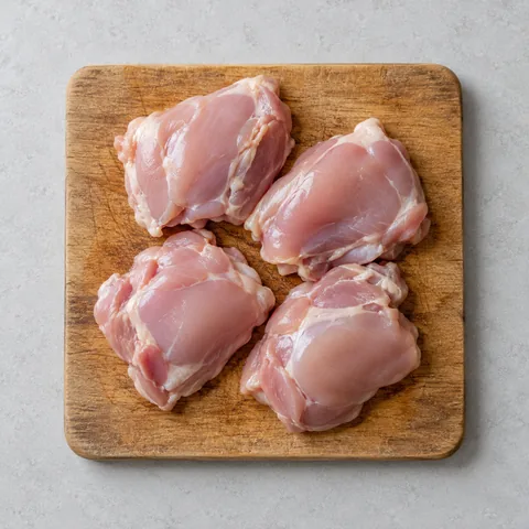 Raw boneless skinless chicken thighs on a wooden cutting board.