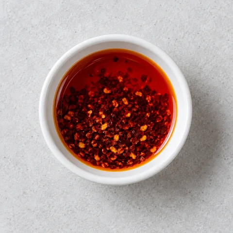 Chili oil in a small white ramekin.
