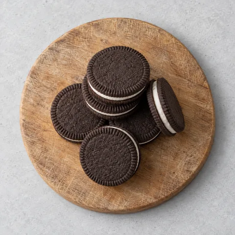 Chocolate sandwich cookies on a wooden cutting board.