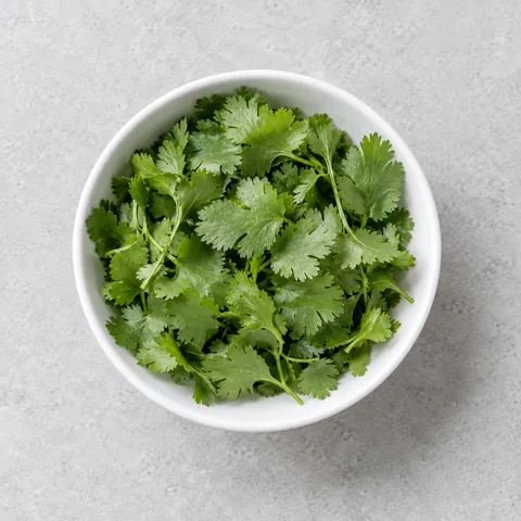 Fresh cilantro leaves in a small white bowl.
