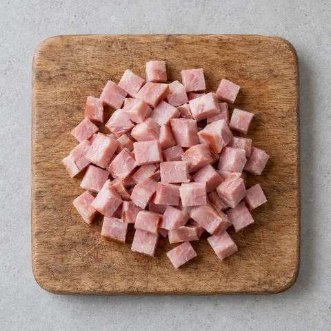 Diced fully cooked ham on a wooden cutting board.