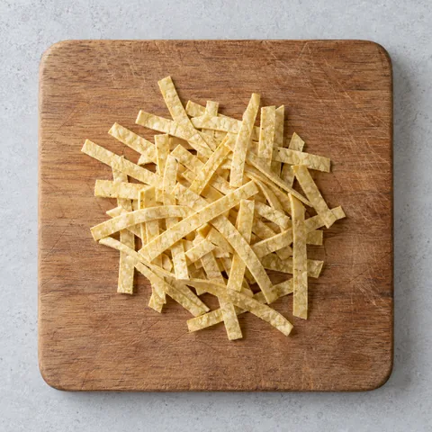 Corn tortillas cut into thin strips on a wooden cutting board.