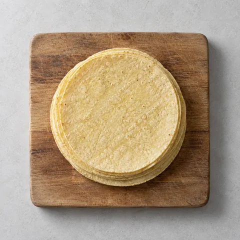Corn tortillas on a wooden cutting board.