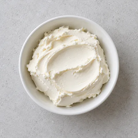 Softened cream cheese in a small white bowl.