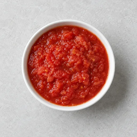 Canned crushed tomatoes in a small white bowl.