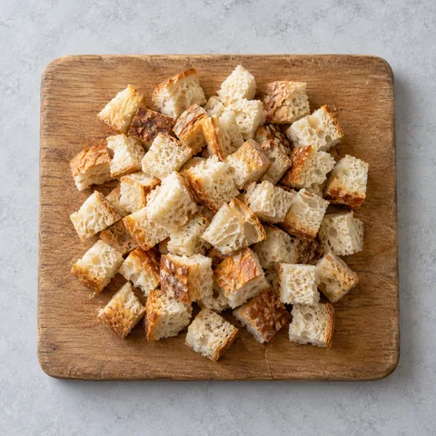 Day-old crusty bread cut into 3/4-inch cubes on a wooden cutting board.