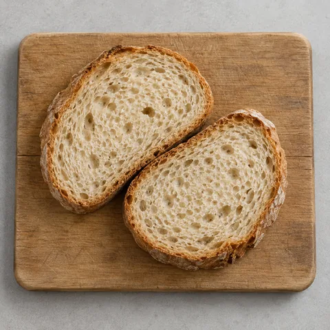 Thick slices of plain crusty bread on a cutting board.
