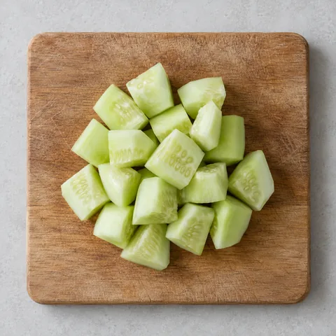 Peeled cucumber cut into chunks on a wooden cutting board.