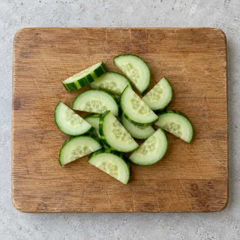 Cucumber halved and cut into half-moons on a wooden cutting board.