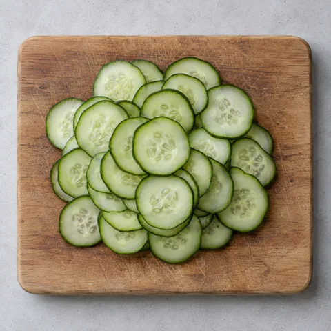 Thinly sliced English cucumber on a wooden cutting board.