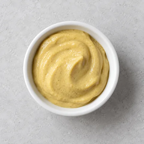 Dijon mustard in a small white ramekin.