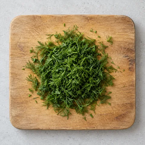 Chopped fresh dill on a wooden cutting board.