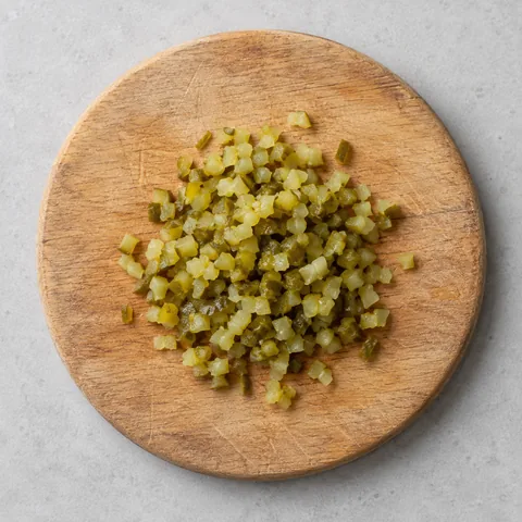 Finely chopped dill pickles on a wooden cutting board.