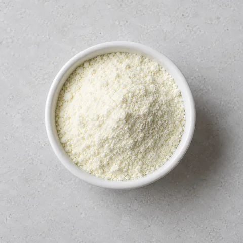 Dry milk powder in a small white ramekin.