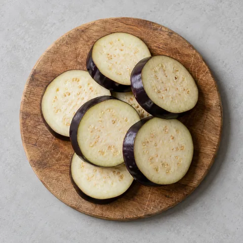 Eggplant cut into 3/4-inch rounds on a wooden cutting board.