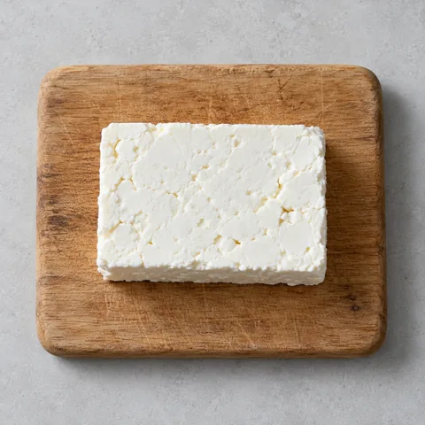 A block of feta cheese, drained on a wooden cutting board.