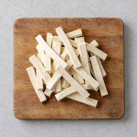 Firm tofu cut into thin strips on a wooden cutting board.