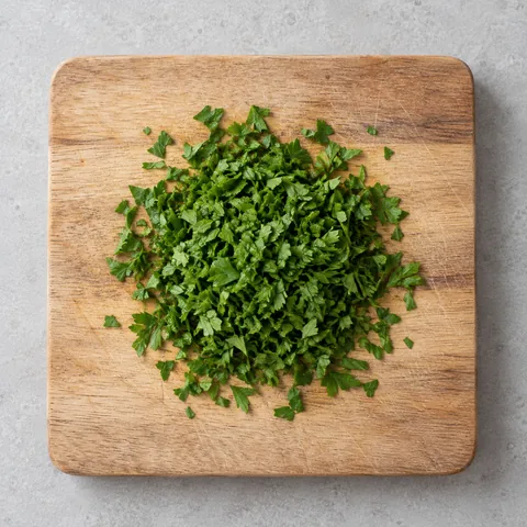 Chopped fresh flat-leaf parsley on a wooden cutting board.