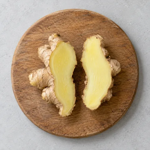 Unpeeled fresh ginger halved lengthwise on a wooden cutting board.
