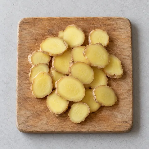Fresh ginger cut into thin coins on a wooden cutting board.