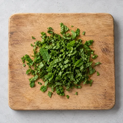 Chopped fresh mint leaves on a wooden cutting board.