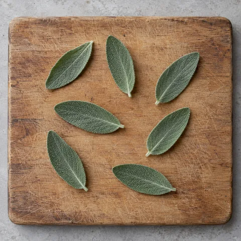 Fresh sage leaves on a wooden cutting board.