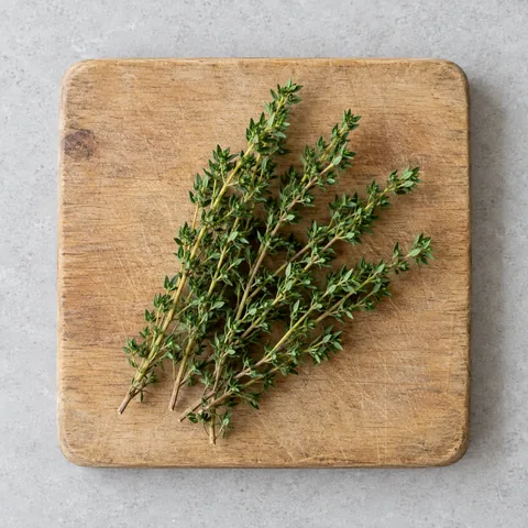 Fresh thyme sprigs on a wooden cutting board.
