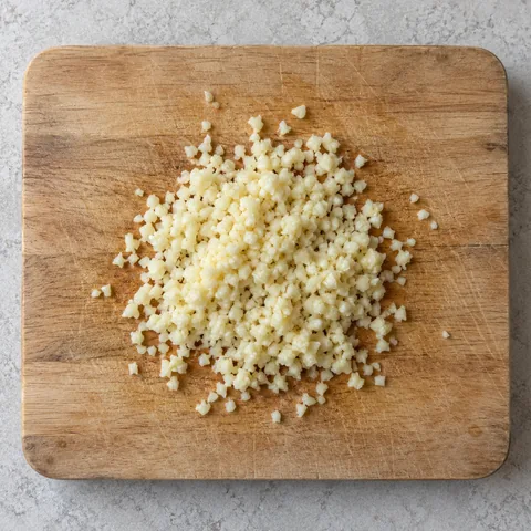 Minced garlic on a wooden cutting board.