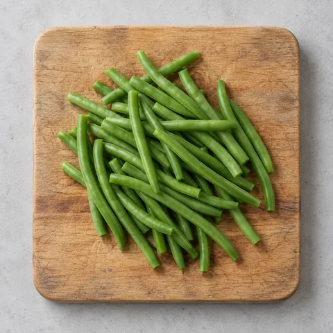 Trimmed fresh green beans on a wooden cutting board.